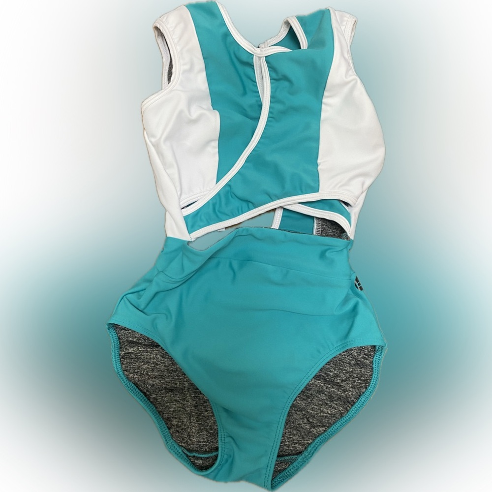 Five Dancewear cutout teal and white leotard youth xl (8-10)